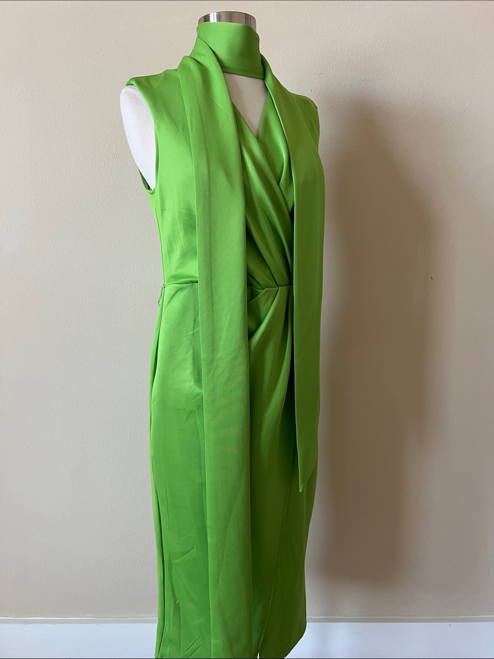 New York & Company Bright Green Sleeveless Draped Midi Dress with Neck Tie - Picture 3 of 4